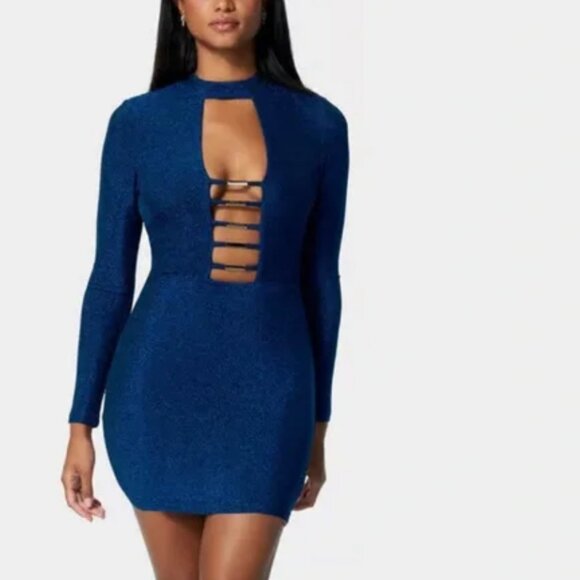 Bebe Caged Sparkle Knit Dress Long Sleeves Dazzling Blue Metallic - Picture 1 of 17